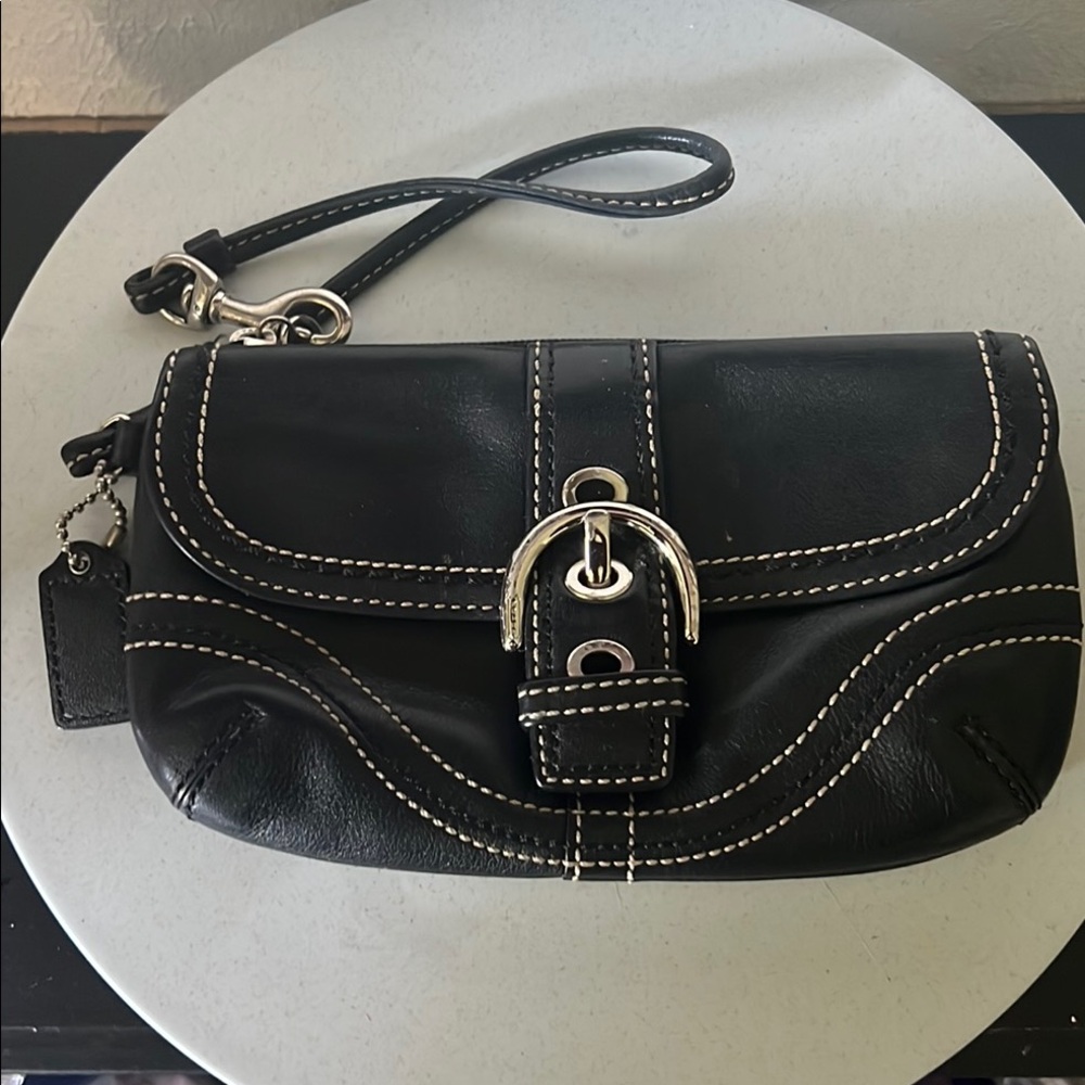 Coach Black Leather Wristlet with Silver Buckle